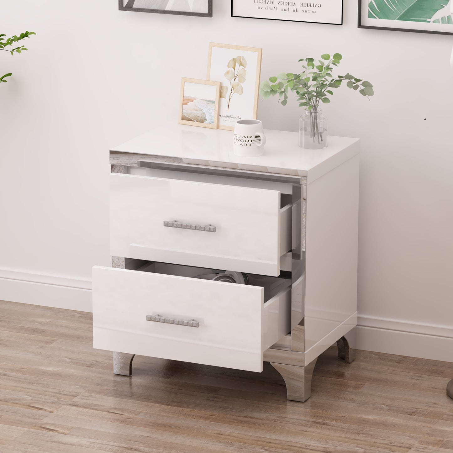 White High Gloss Nightstand with 2 Drawers - Bedroom Storage