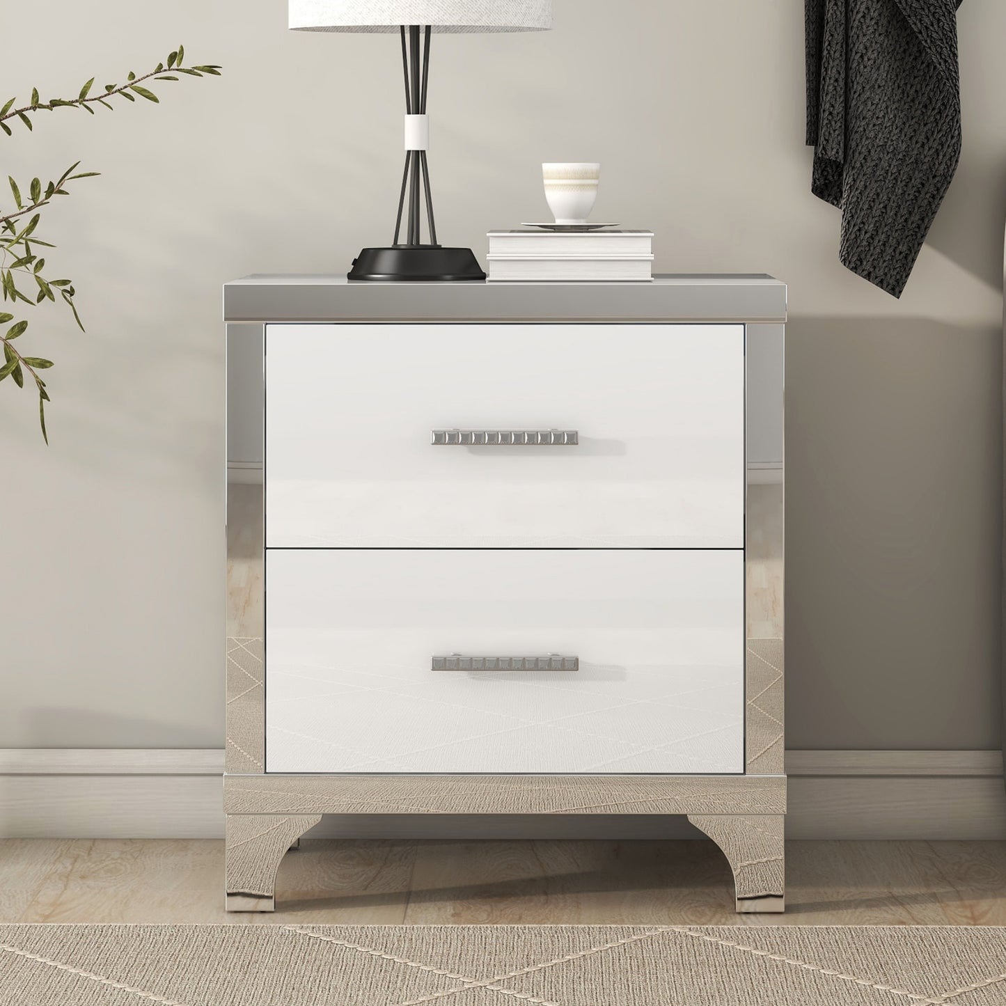 White High Gloss Nightstand with 2 Drawers - Bedroom Storage