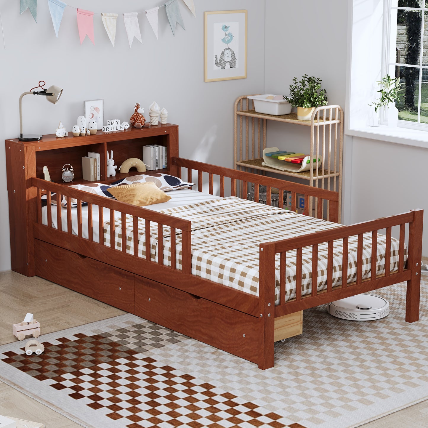 Twin Size Walnut Bed with Storage Headboard & Drawers for Bedroom