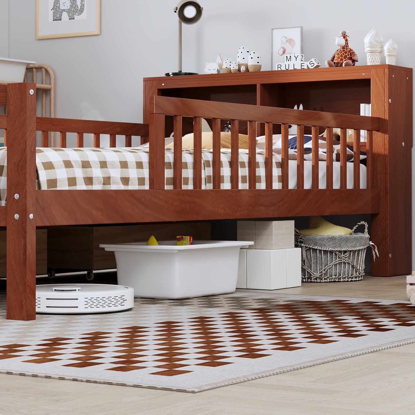 Twin Size Walnut Bed with Storage Headboard & Drawers for Bedroom