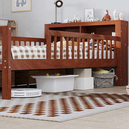 Twin Size Walnut Bed with Storage Headboard & Drawers for Bedroom