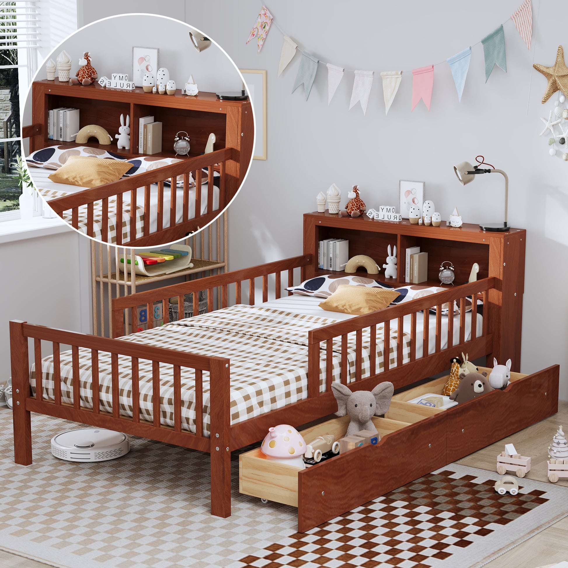 Twin Size Walnut Bed with Storage Headboard & Drawers for Bedroom