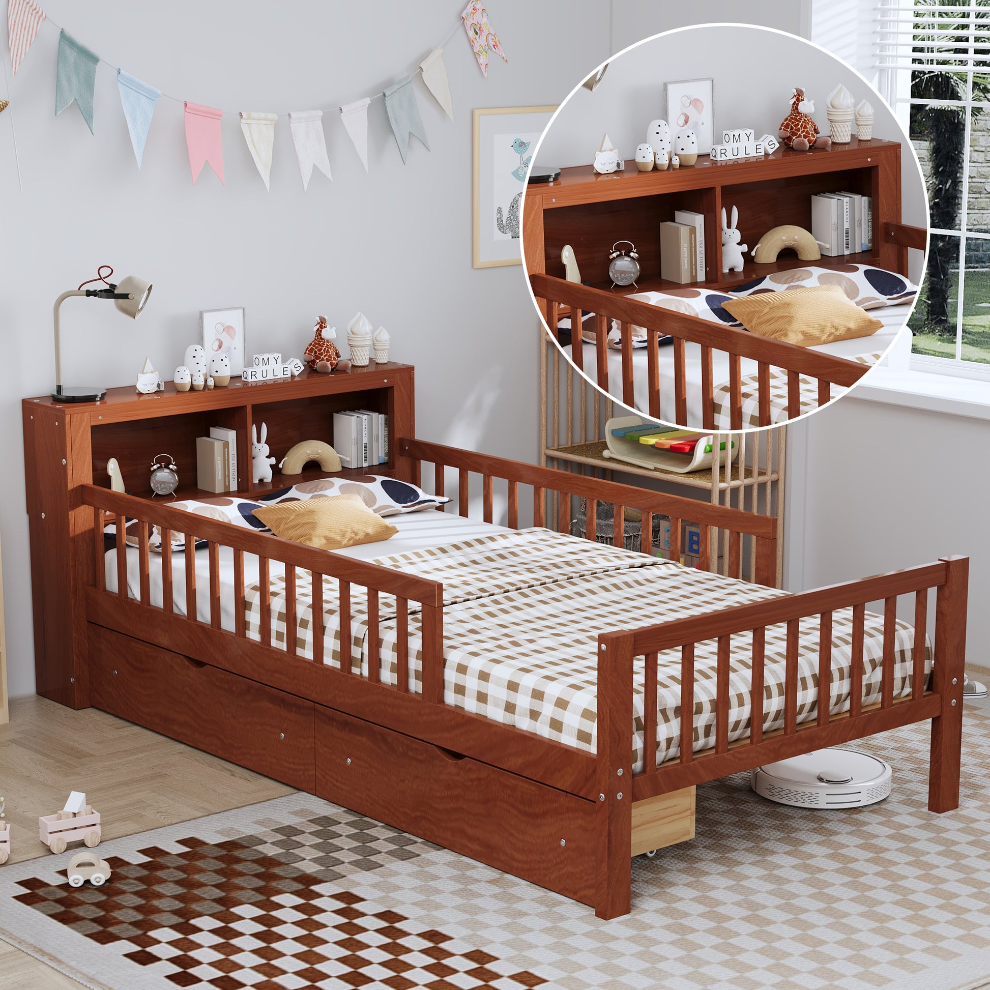 Twin Size Walnut Bed with Storage Headboard & Drawers for Bedroom