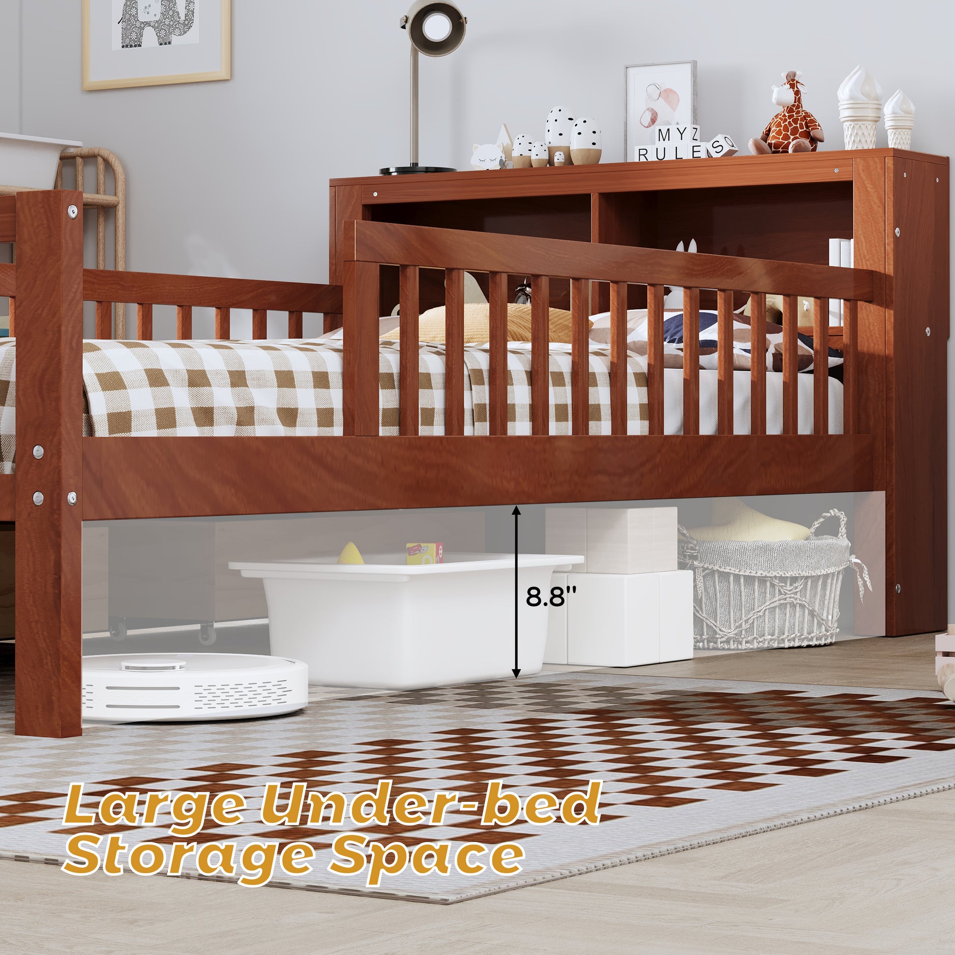 Twin Size Walnut Bed with Storage Headboard & Drawers for Bedroom