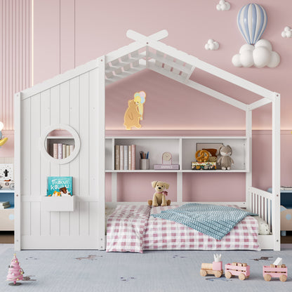 Twin Size Floor House Bed for Toddler, Kids Montessori Bed  with Storage Shelf, Playhouse Bed with Roof Design, White