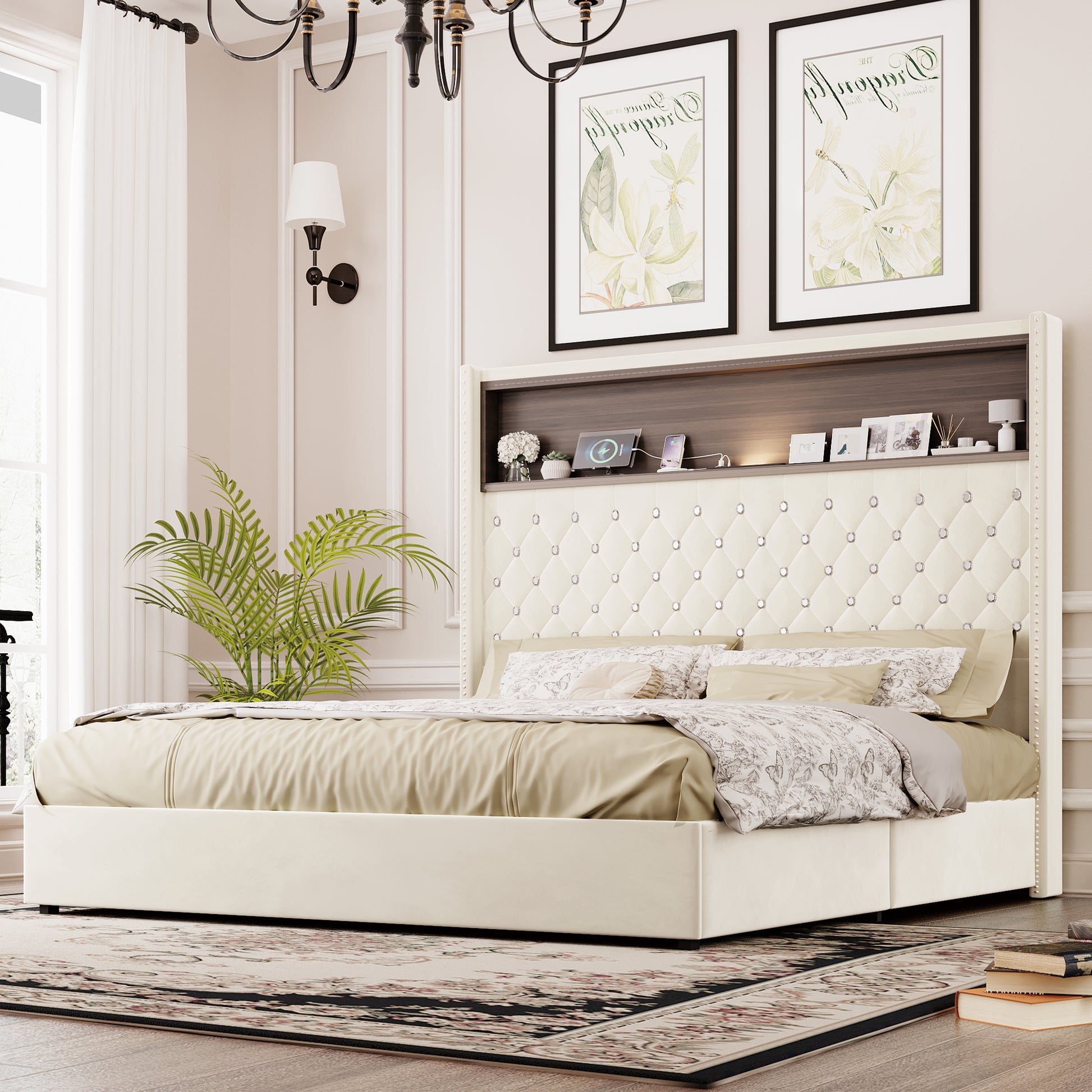 Queen Size Velvet Tufted Soft Bed Frame with USB Port and Night Light,52'' High Headboard with Rivet Decoration, Wing-back Platform Bed with Headboard Shelf, Beige