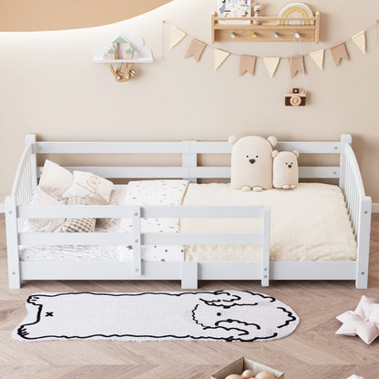 Twin Montessori Floor Bed with Slats and Safety Guardrails, Solid Wood Floor Bed with Fence and Without Door, Easy Assemble Montessori Bed for Girls and Boys, White
