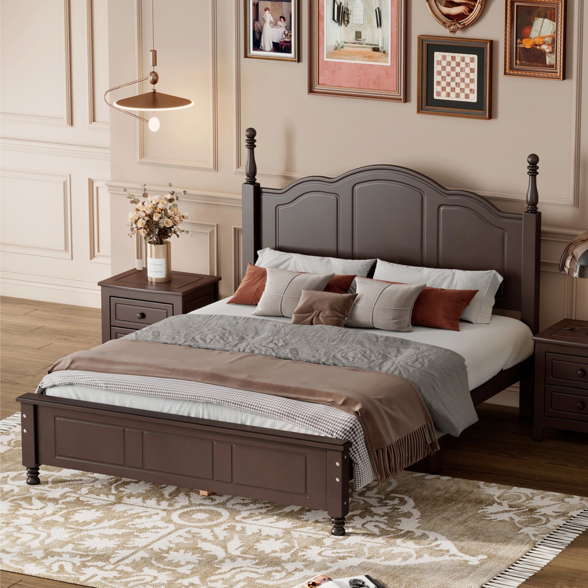 Full Size Walnut Wood Platform Bed Frame - Retro Style