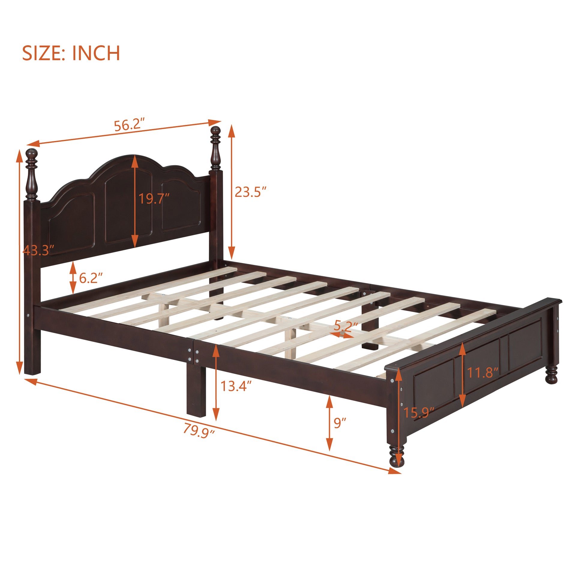 Full Size Walnut Wood Platform Bed Frame - Retro Style