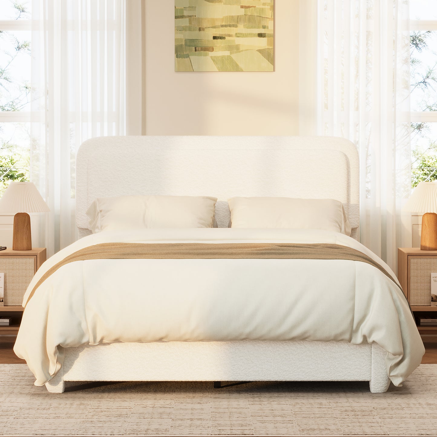 Queen Boucle Bed Frame - Adjustable Height Headboard, White for Bedroom