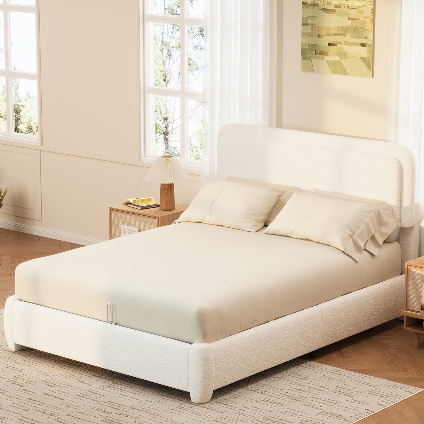 Queen Boucle Bed Frame - Adjustable Height Headboard, White for Bedroom