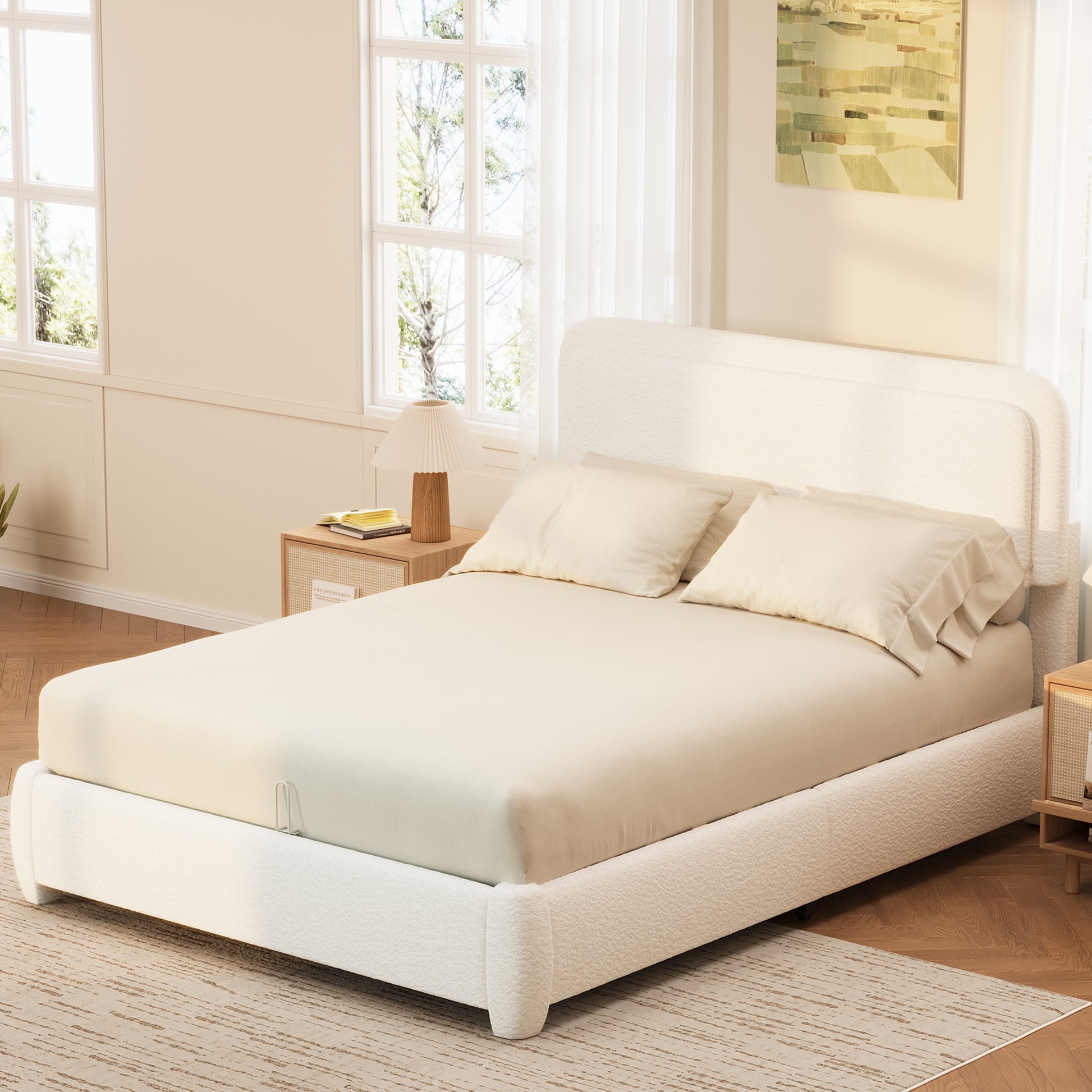 Queen Boucle Bed Frame - Adjustable Height Headboard, White for Bedroom