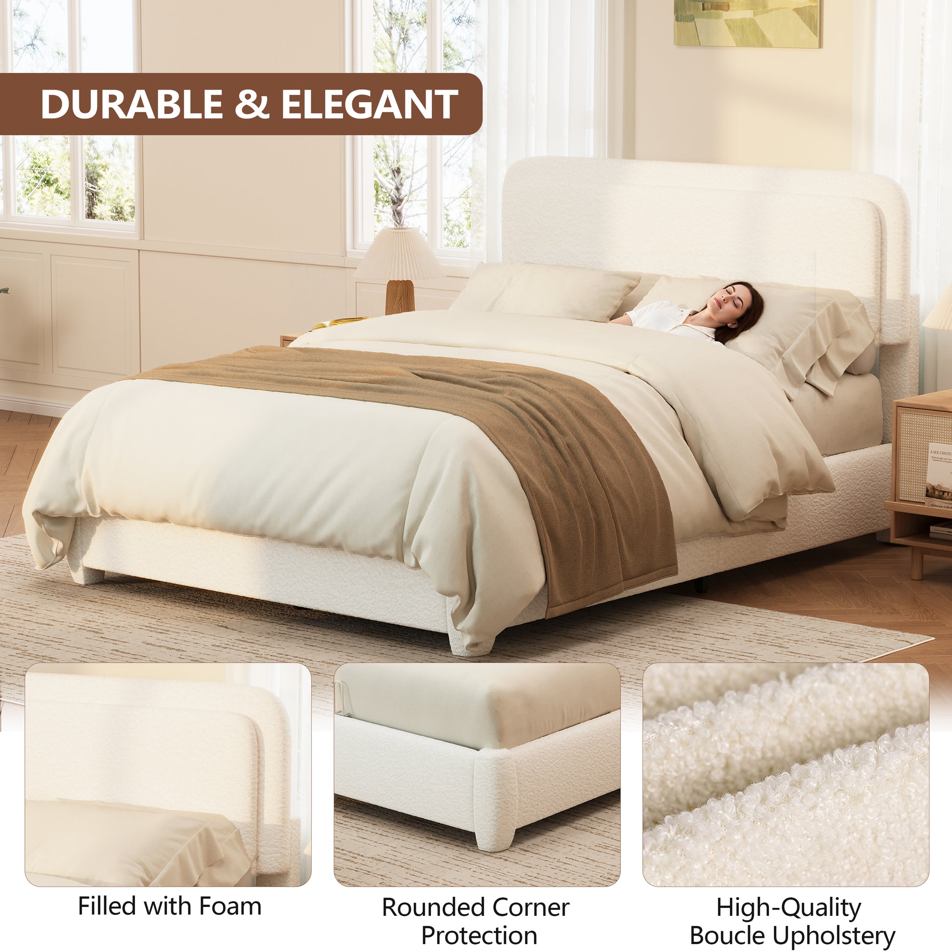 Queen Boucle Bed Frame - Adjustable Height Headboard, White for Bedroom