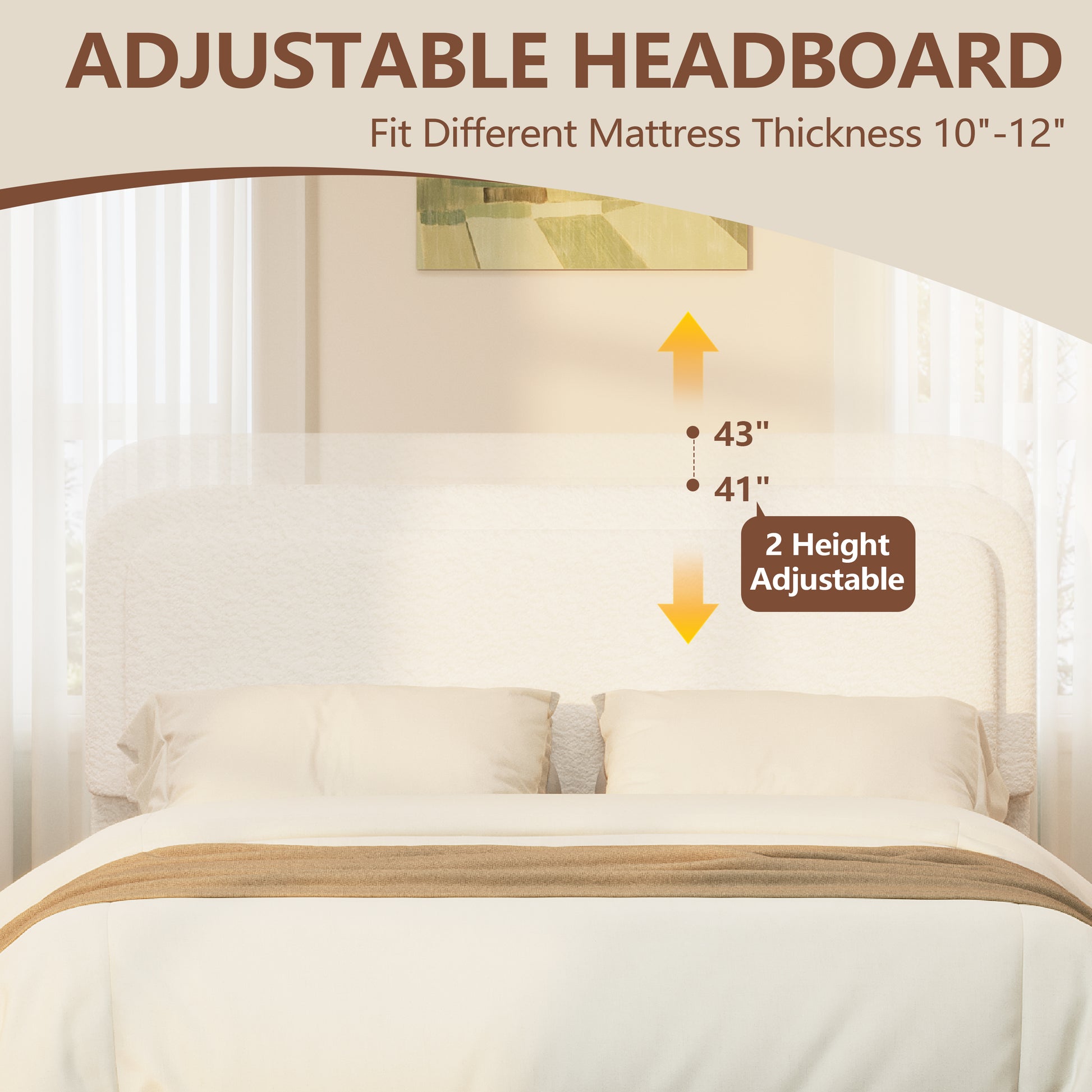 Queen Boucle Bed Frame - Adjustable Height Headboard, White for Bedroom