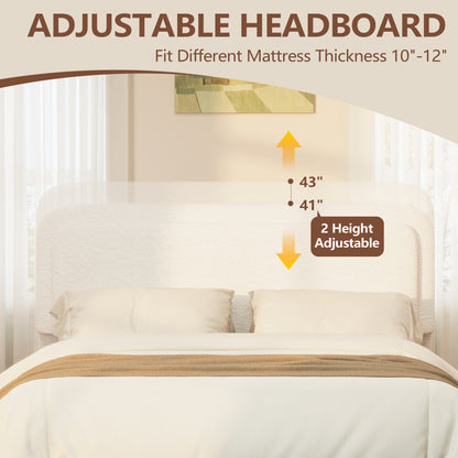 Queen Boucle Bed Frame - Adjustable Height Headboard, White for Bedroom
