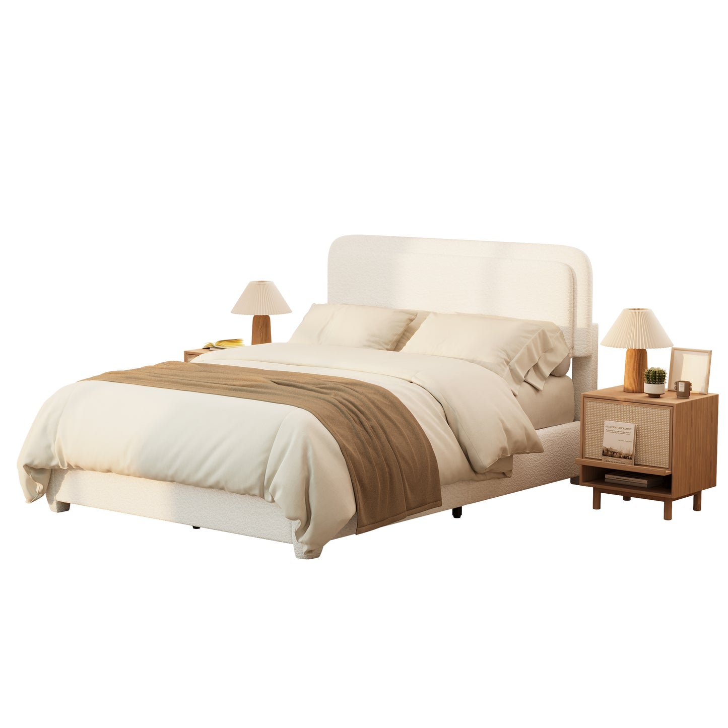 Queen Boucle Bed Frame - Adjustable Height Headboard, White for Bedroom