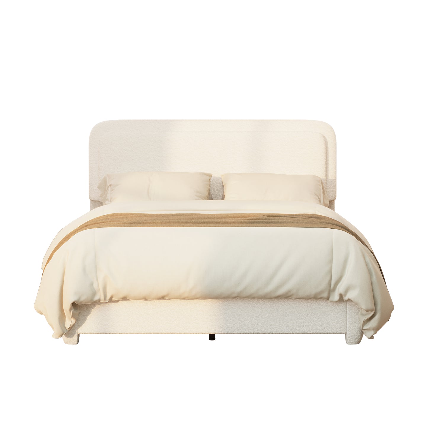 Queen Boucle Bed Frame - Adjustable Height Headboard, White for Bedroom