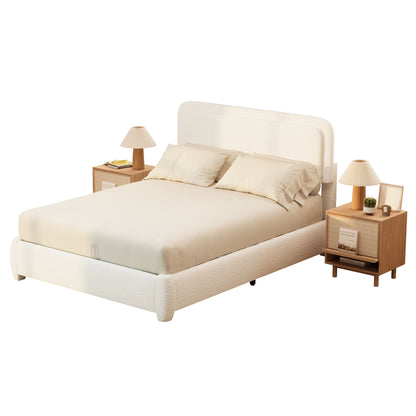 Queen Boucle Bed Frame - Adjustable Height Headboard, White for Bedroom