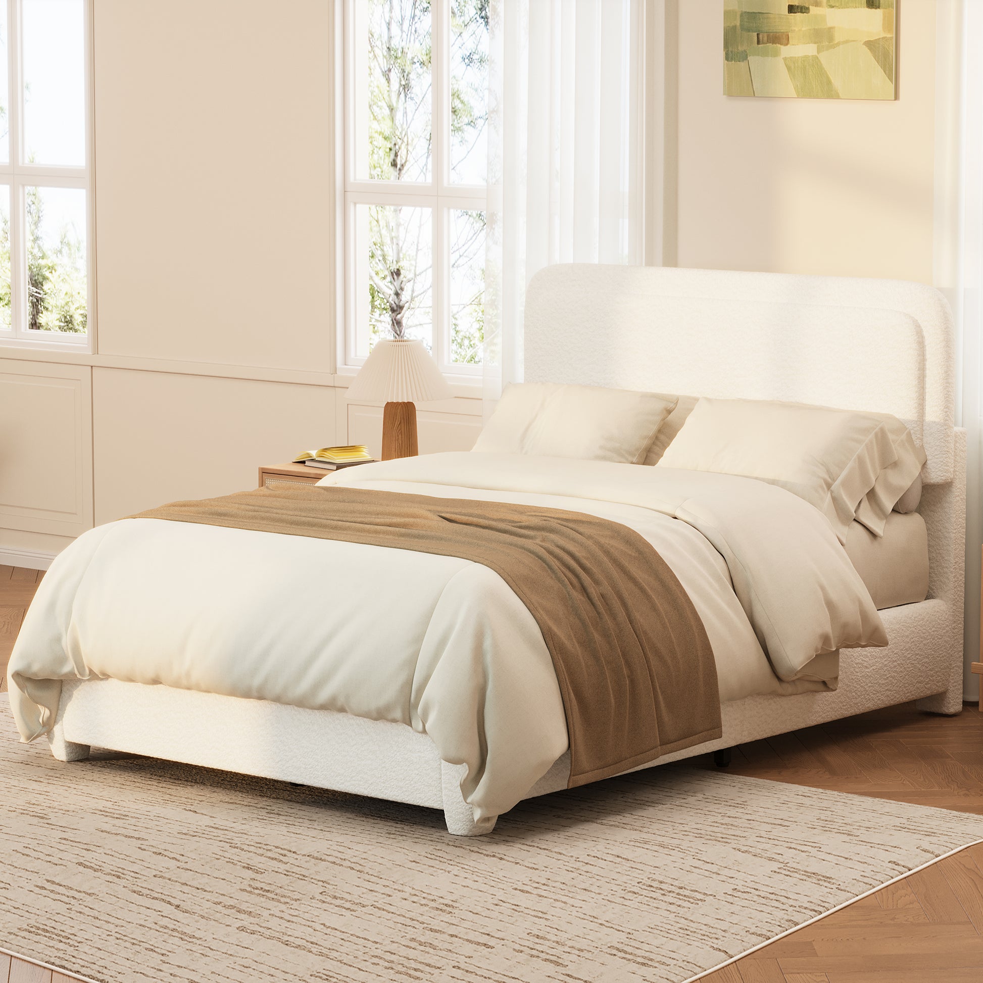 Boucle Queen Bed Frame with Adjustable Height Headboard, Modern Platform Bed with Curved Cloud Headboard, Elegant Boucle Fabric Low Profile Platform Bed, No Box Spring Needed, Easy Assembly, White