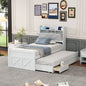 Twin Size Wooden Bed with Storage Headboard with Outlets, Extendable Bed with Twin Size Trundle with Three Storage Drawers,White