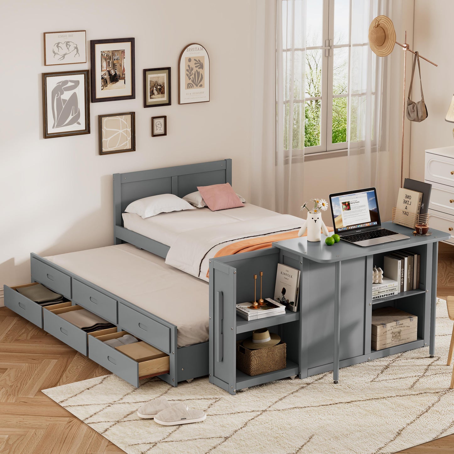 Twin Size Wood Bed with Desk & Trundle - Gray Storage Platform for Bedroom