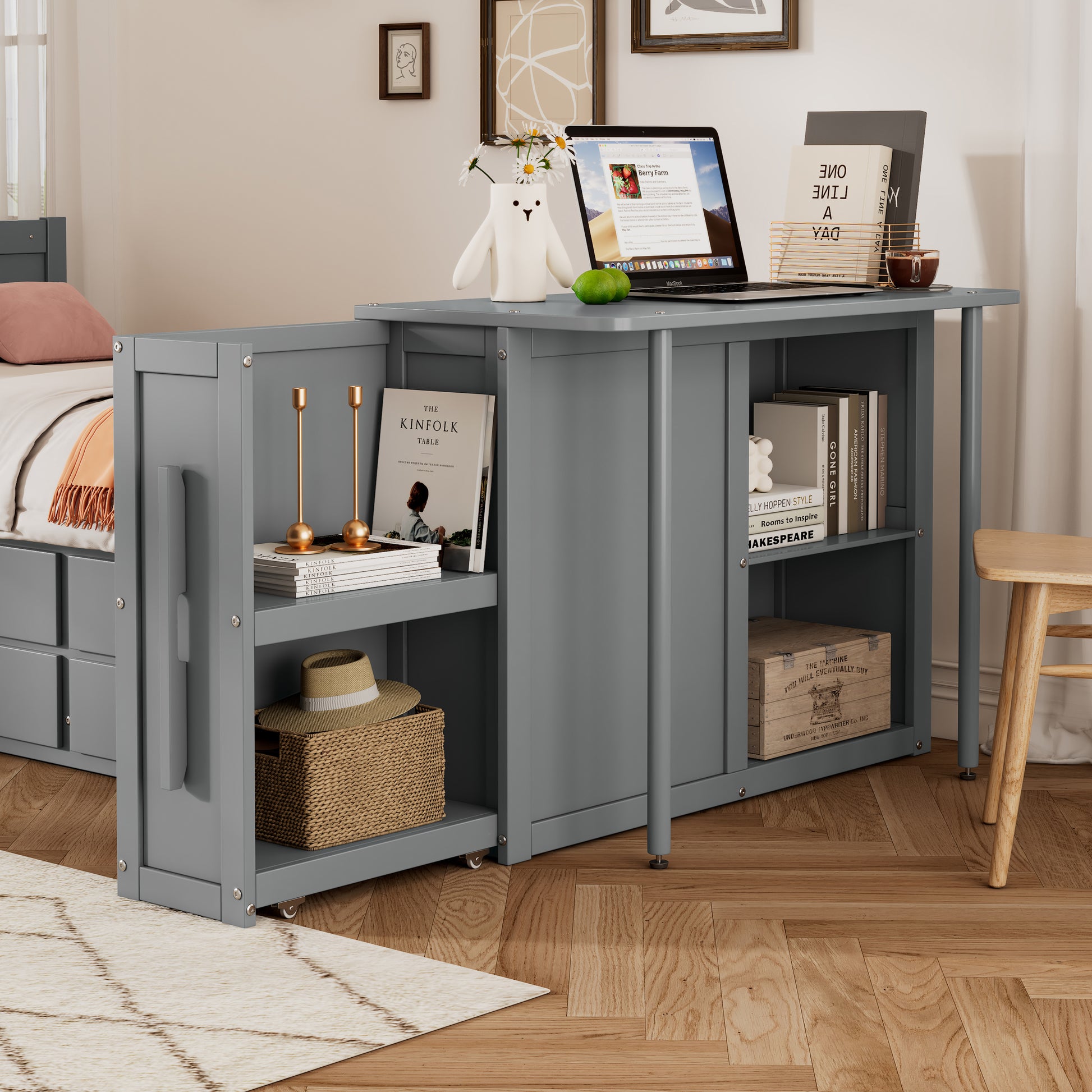 Twin Size Wood Bed with Desk & Trundle - Gray Storage Platform for Bedroom