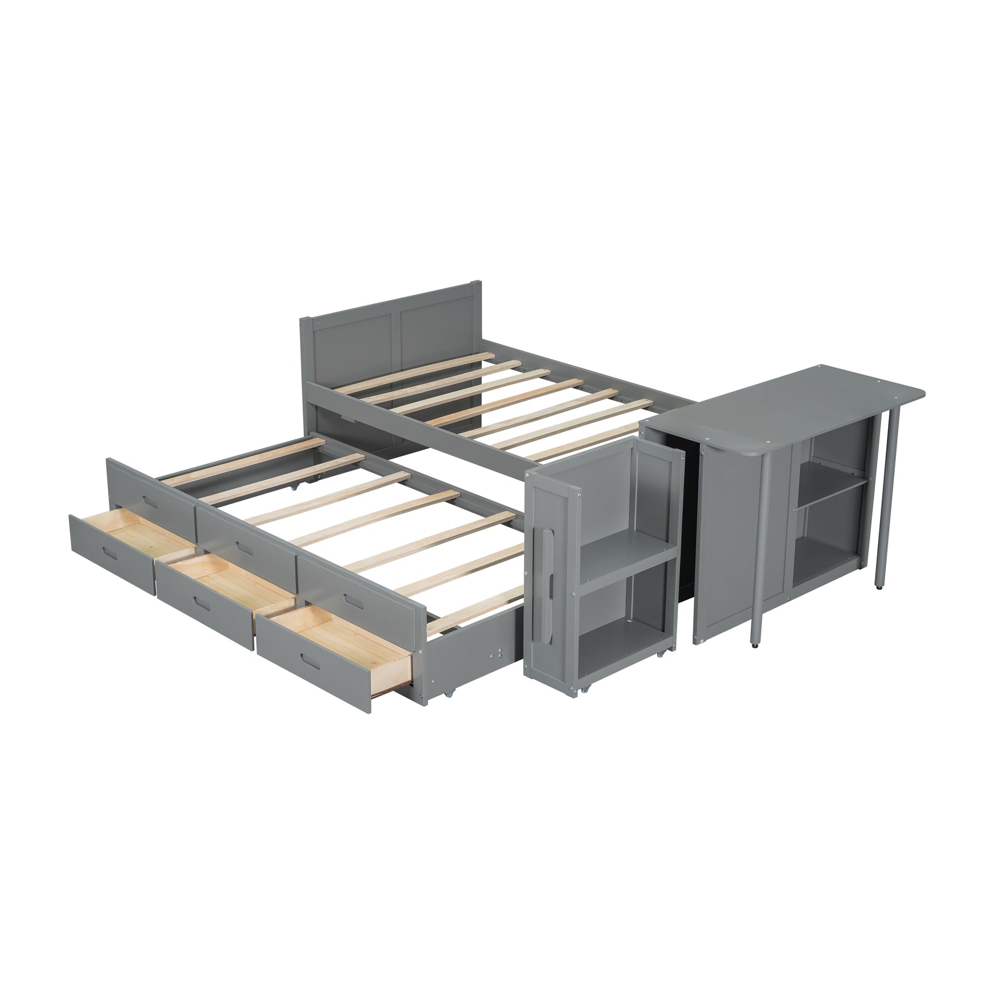 Twin Size Wood Bed with Desk & Trundle - Gray Storage Platform for Bedroom