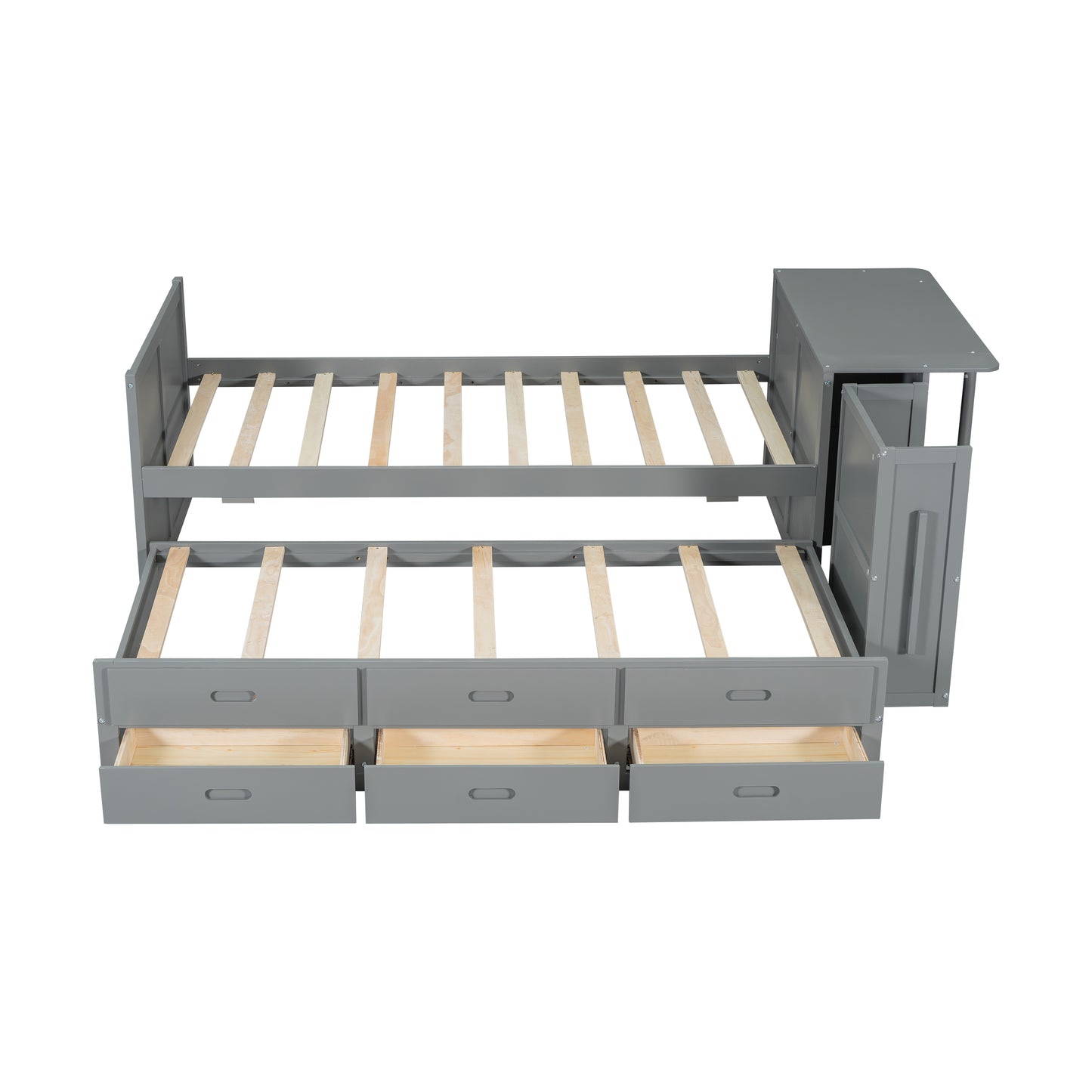 Twin Size Wood Bed with Desk & Trundle - Gray Storage Platform for Bedroom