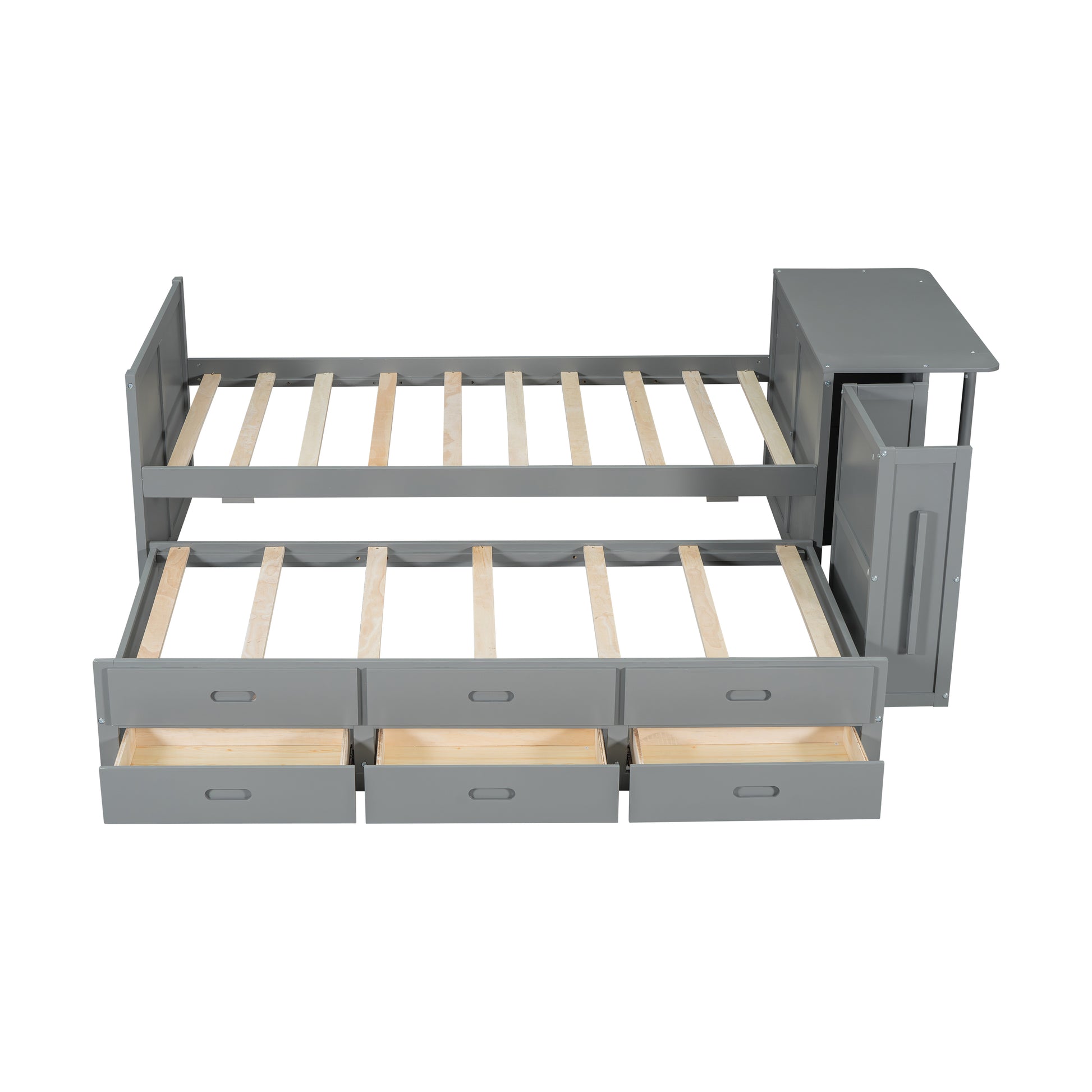 Twin Size Wood Bed with Desk & Trundle - Gray Storage Platform for Bedroom