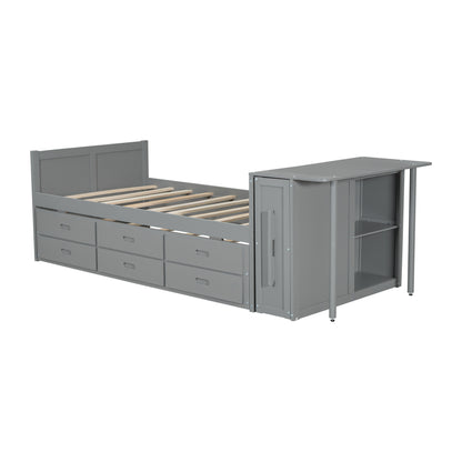 Twin Size Wood Bed with Desk & Trundle - Gray Storage Platform for Bedroom