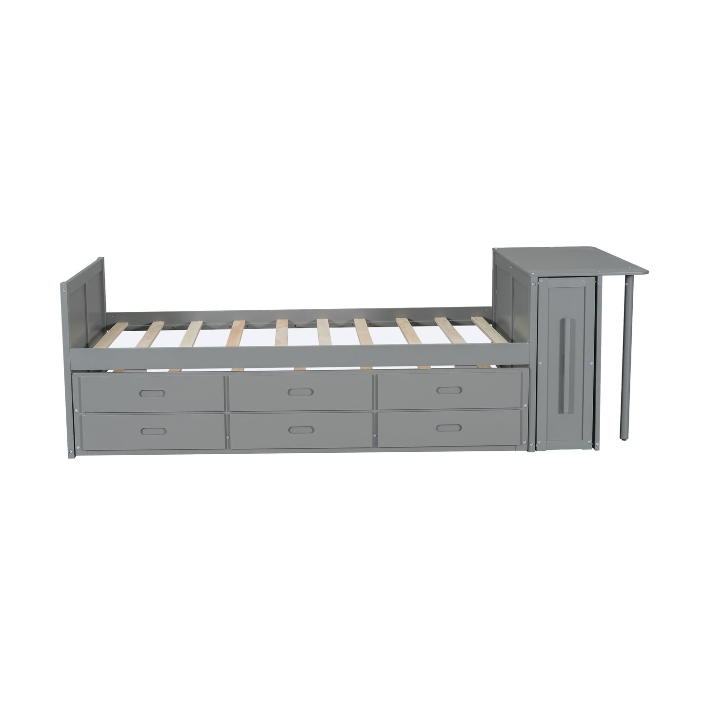 Twin Size Wood Bed with Desk & Trundle - Gray Storage Platform for Bedroom