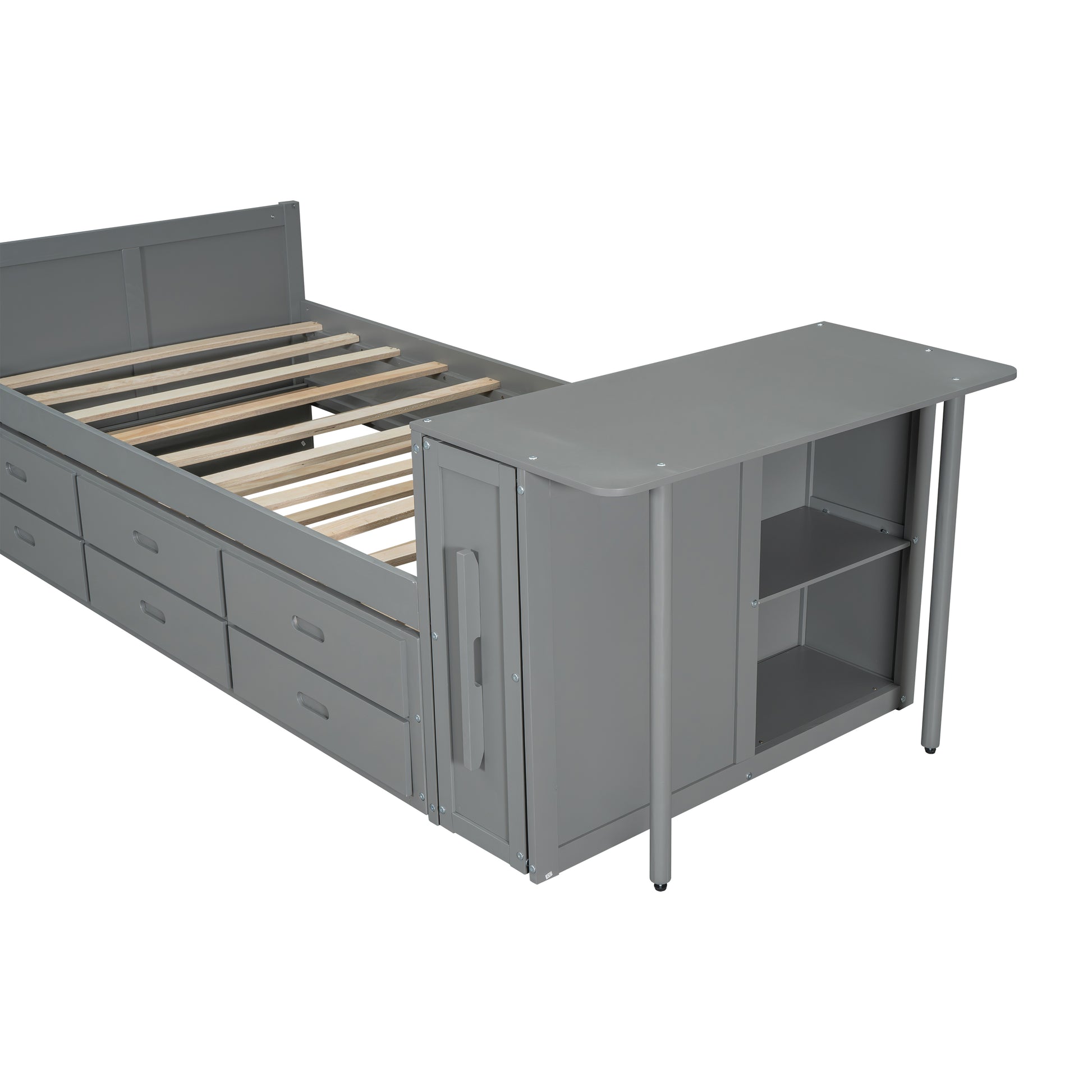 Twin Size Wood Bed with Desk & Trundle - Gray Storage Platform for Bedroom