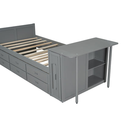 Twin Size Wood Bed with Desk & Trundle - Gray Storage Platform for Bedroom