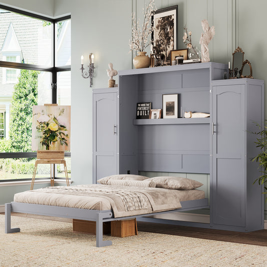 Queen Size Murphy Bed, Wooden Queen Wall Bed with 2 Wardrobe and Storage Shelf, Multifunctional Foldable Platform Bedframe for Guest-Room, Bedroom, Gray (Old SKU: N733S235627E)