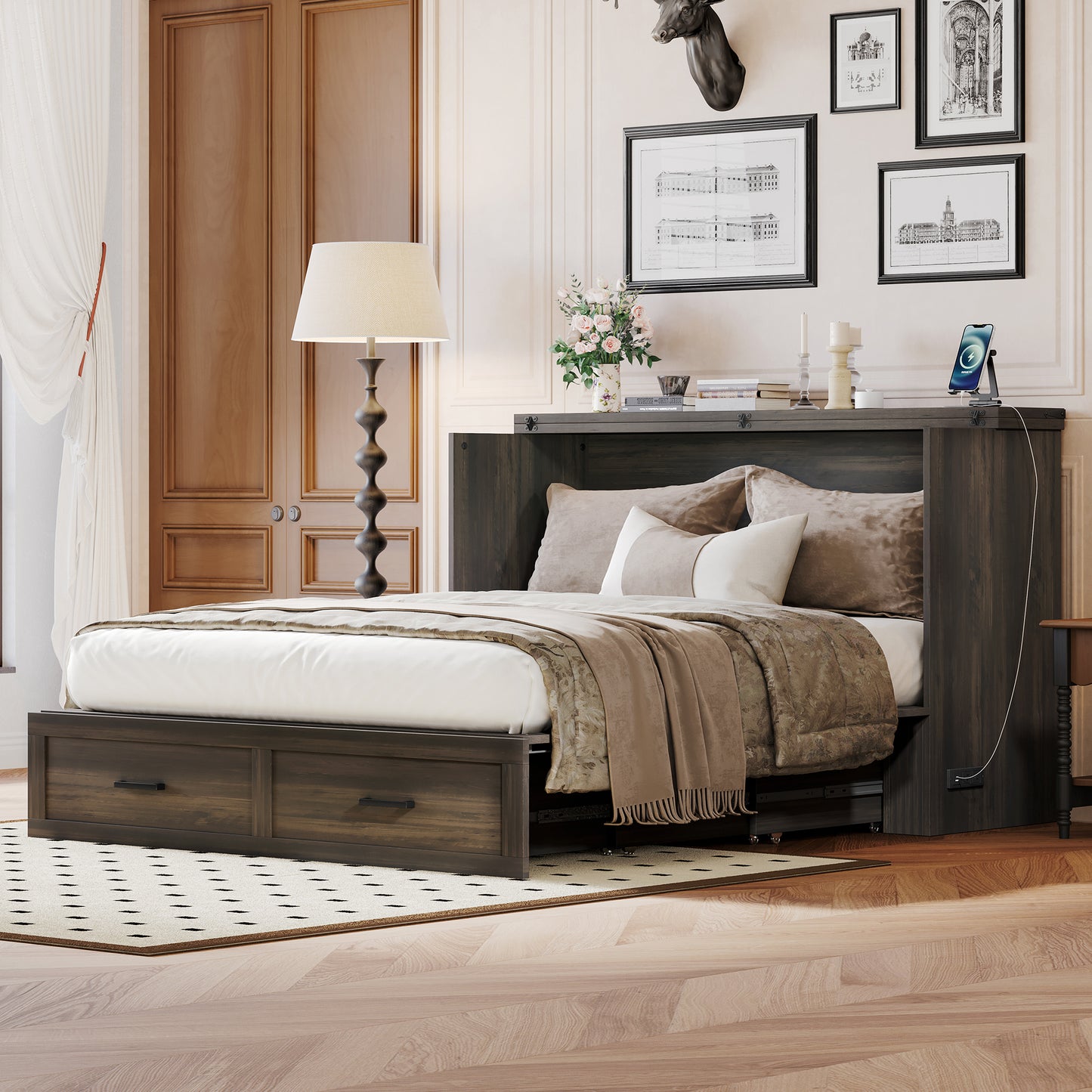 Gray Farmhouse Murphy Bed with Charging & Storage - Queen Size for Bedroom