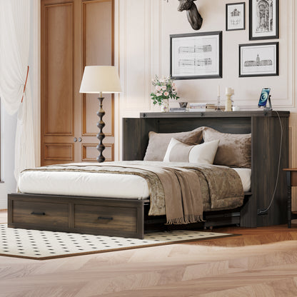 Gray Farmhouse Murphy Bed with Charging & Storage - Queen Size for Bedroom