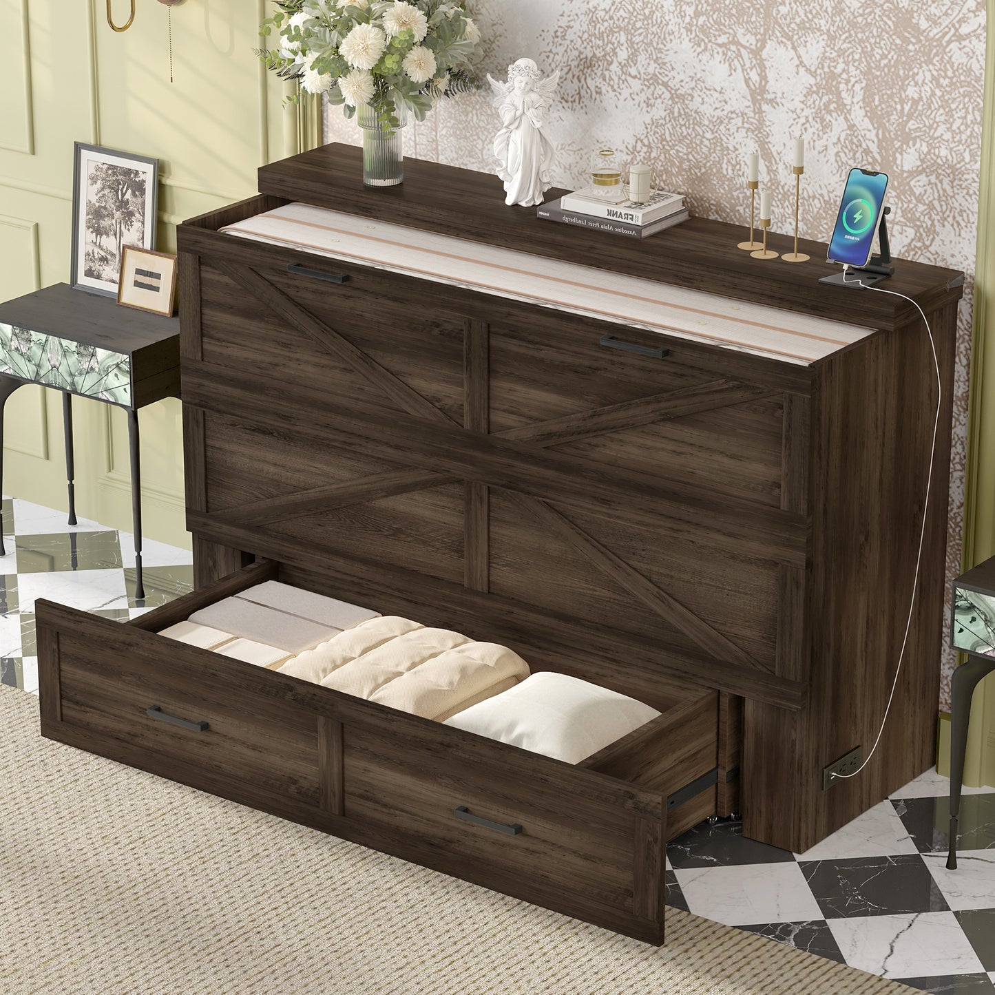 Gray Farmhouse Murphy Bed with Charging & Storage - Queen Size for Bedroom