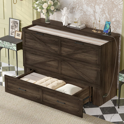 Gray Farmhouse Murphy Bed with Charging & Storage - Queen Size for Bedroom