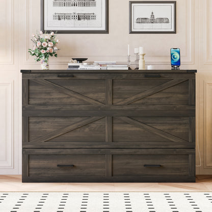 Gray Farmhouse Murphy Bed with Charging & Storage - Queen Size for Bedroom