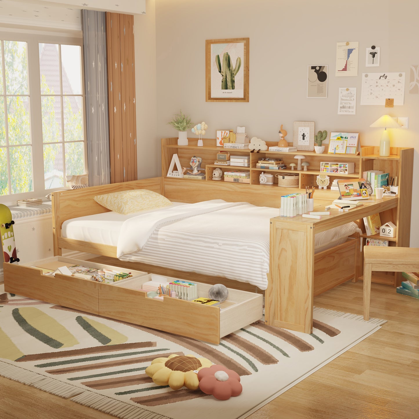 Wooden Full Size Daybed with Storage Shelves, Multi-functional Bed with Two Storage Drawers and  Study Desk, Natural (Old SKU: N733S241486M)