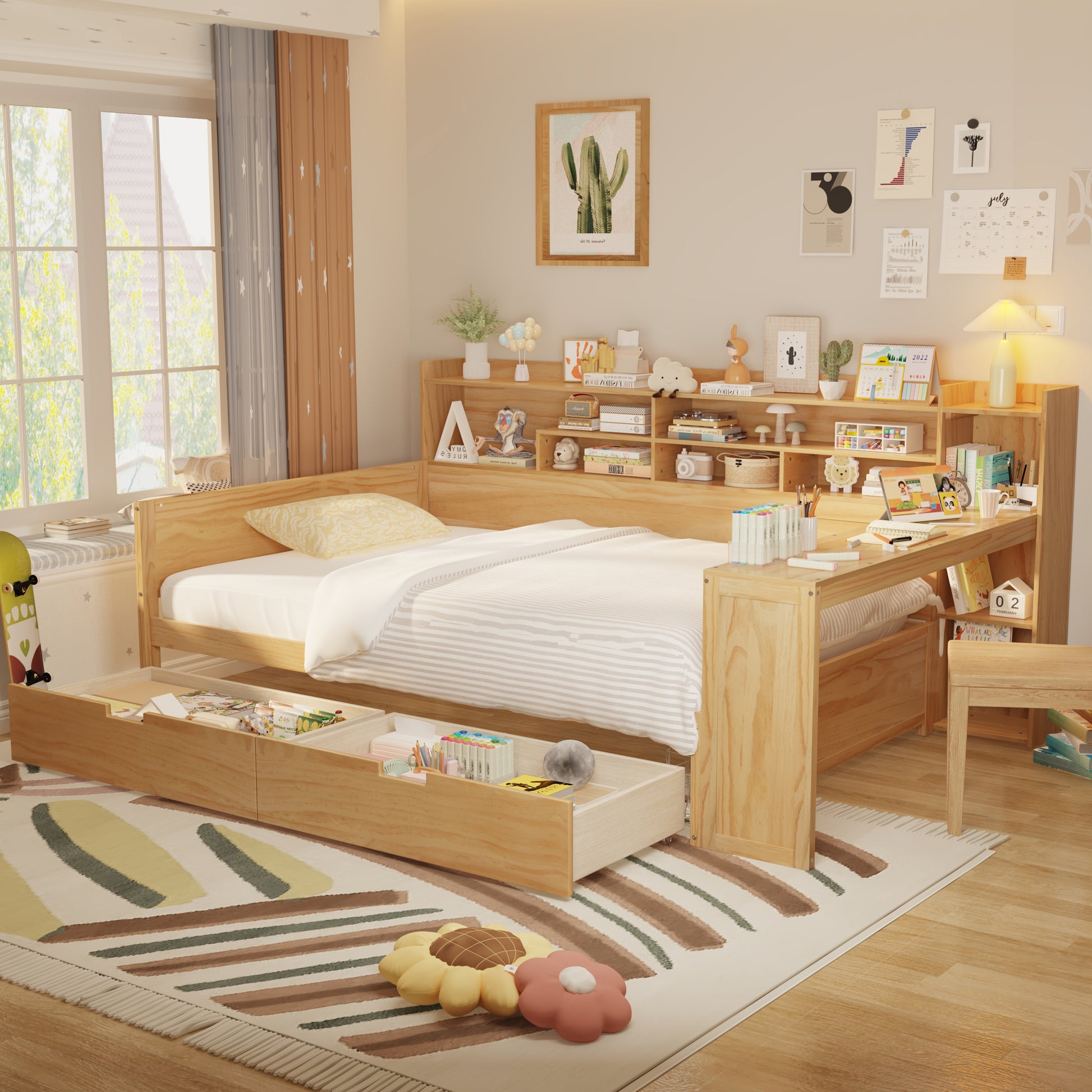 Wooden Full Size Daybed with Storage Shelves, Multi-functional Bed with Two Storage Drawers and  Study Desk, Natural (Old SKU: N733S241486M)