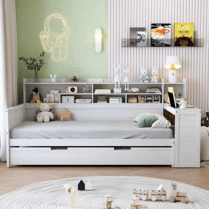 Twin Size Antique White Wood Daybed with Trundle & Desk for Bedroom