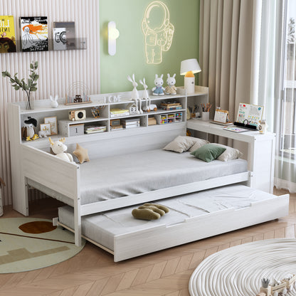 Twin Size Antique White Wood Daybed with Trundle & Desk for Bedroom