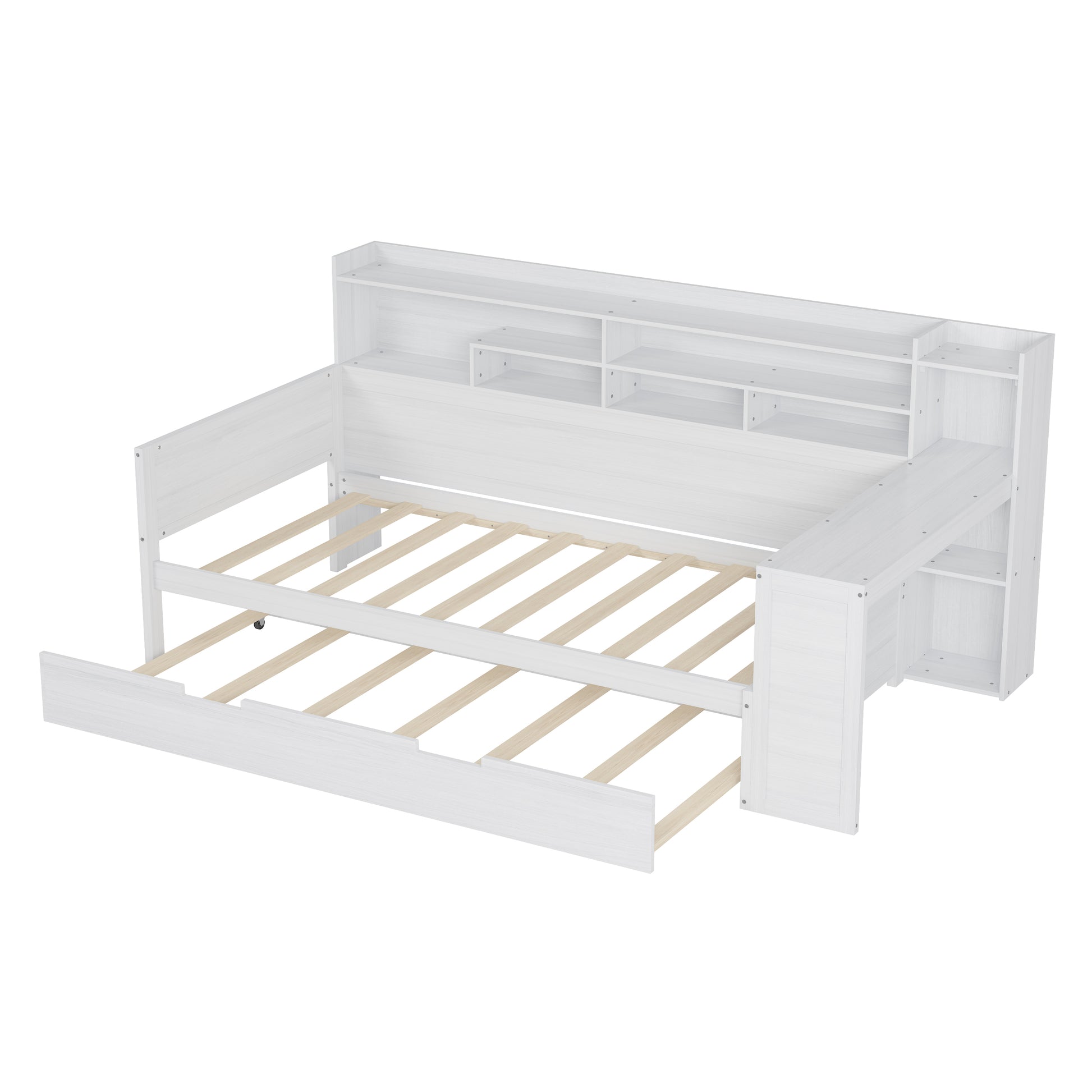 Twin Size Antique White Wood Daybed with Trundle & Desk for Bedroom