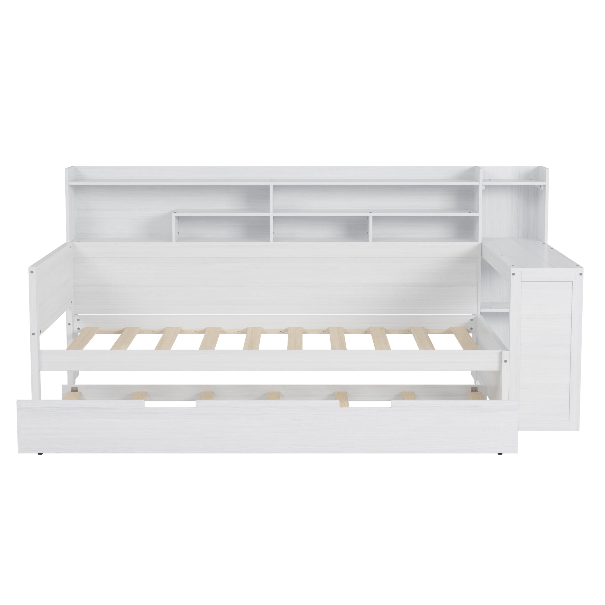 Twin Size Antique White Wood Daybed with Trundle & Desk for Bedroom