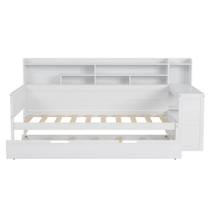 Twin Size Antique White Wood Daybed with Trundle & Desk for Bedroom
