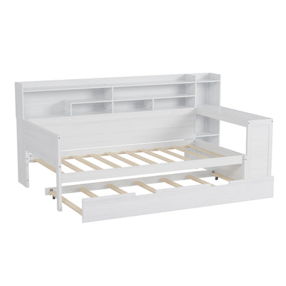 Twin Size Antique White Wood Daybed with Trundle & Desk for Bedroom