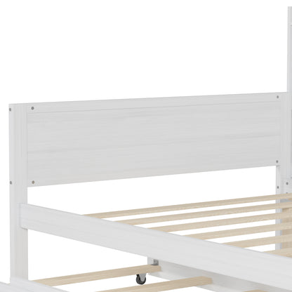 Twin Size Antique White Wood Daybed with Trundle & Desk for Bedroom