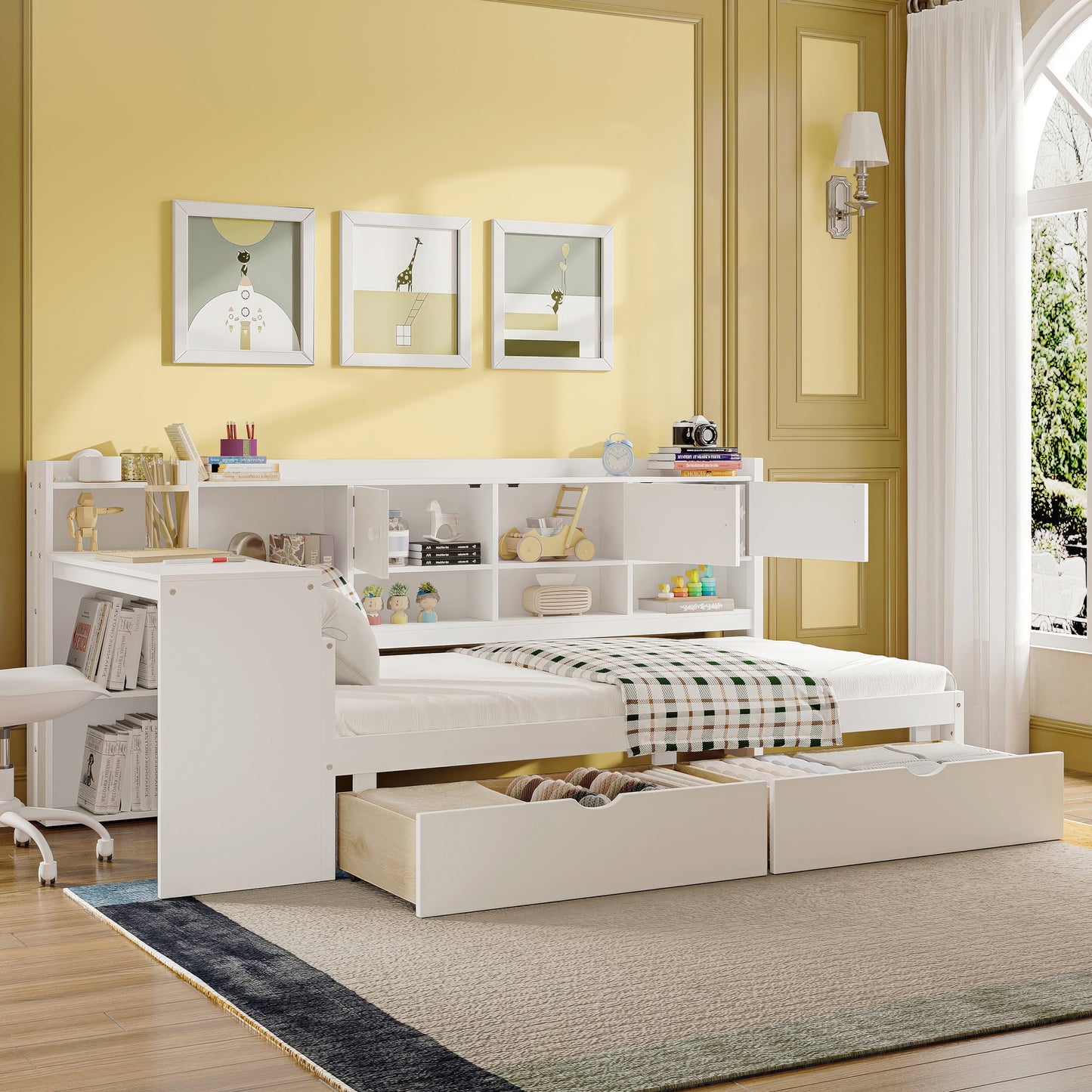 Twin Size L-Shape Daybed with Storage - White Wood Frame for Bedroom