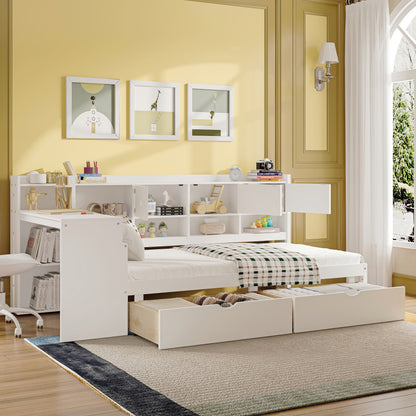 Twin Size L-Shape Daybed with Storage - White Wood Frame for Bedroom
